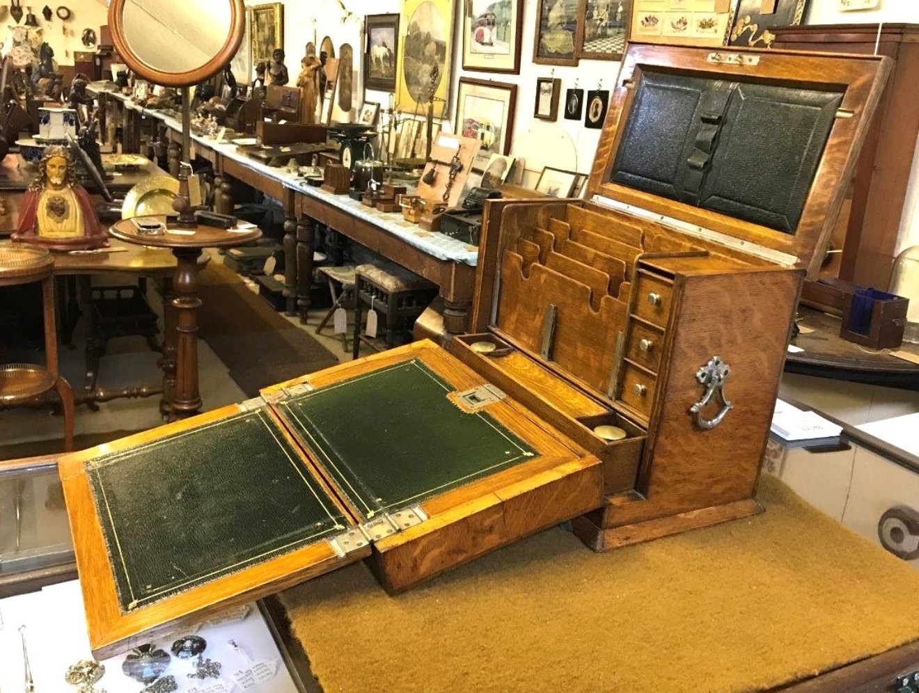 Edwardian Honey Oak Stationery Cabinet / Writing Slope