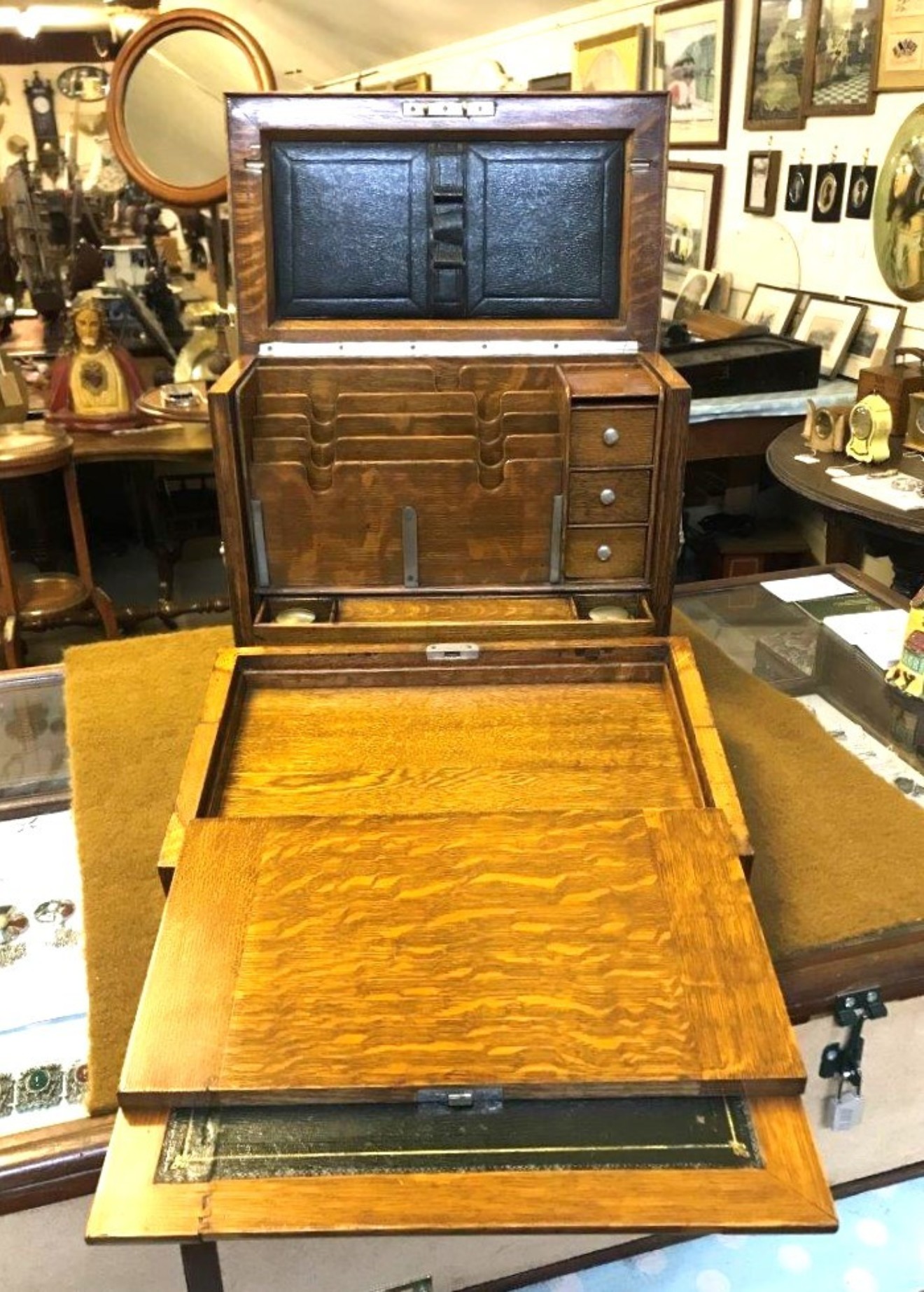 Edwardian Honey Oak Stationery Cabinet / Writing Slope