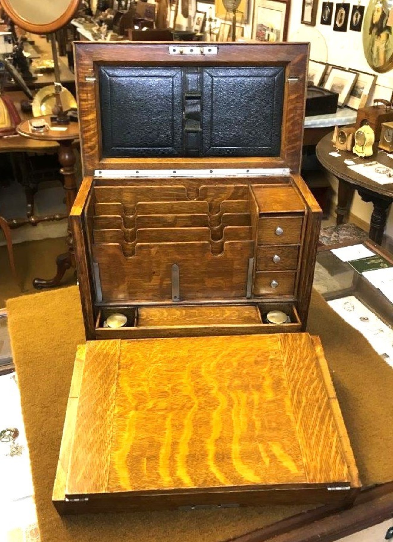 Edwardian Honey Oak Stationery Cabinet / Writing Slope