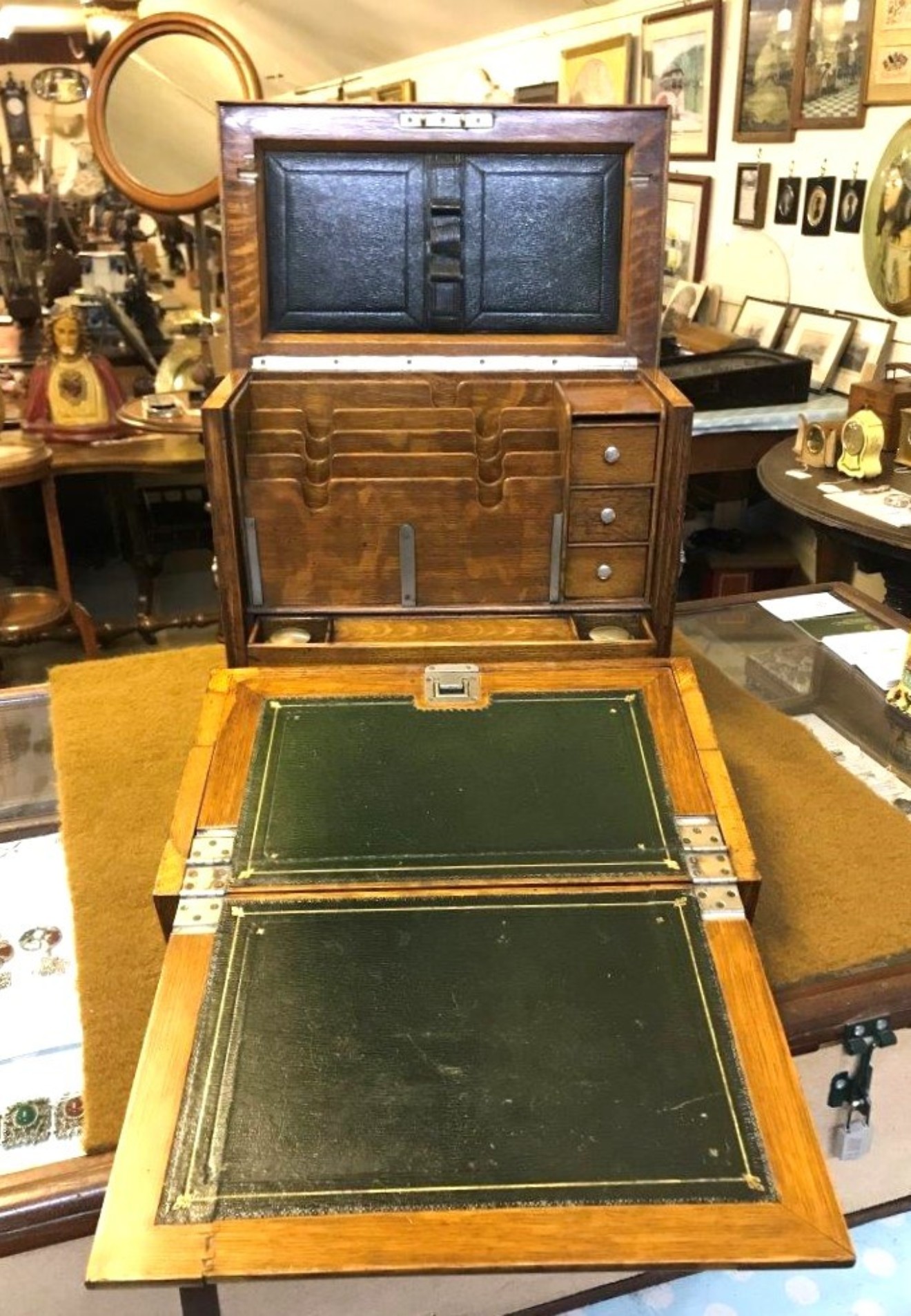 Edwardian Honey Oak Stationery Cabinet / Writing Slope