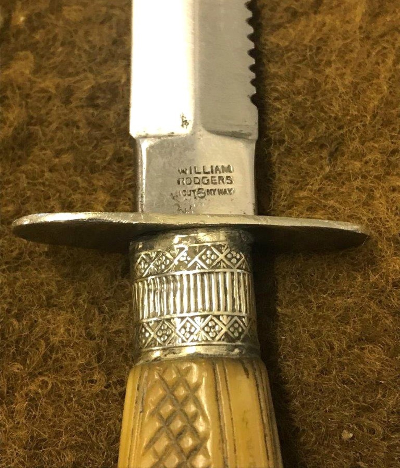 Vintage William Rodgers Serrated Edge Dagger Carved Bone Handle with Silver Plated Mounts