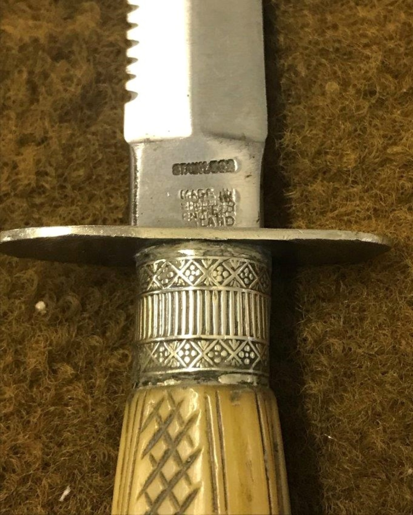 Vintage William Rodgers Serrated Edge Dagger Carved Bone Handle with Silver Plated Mounts