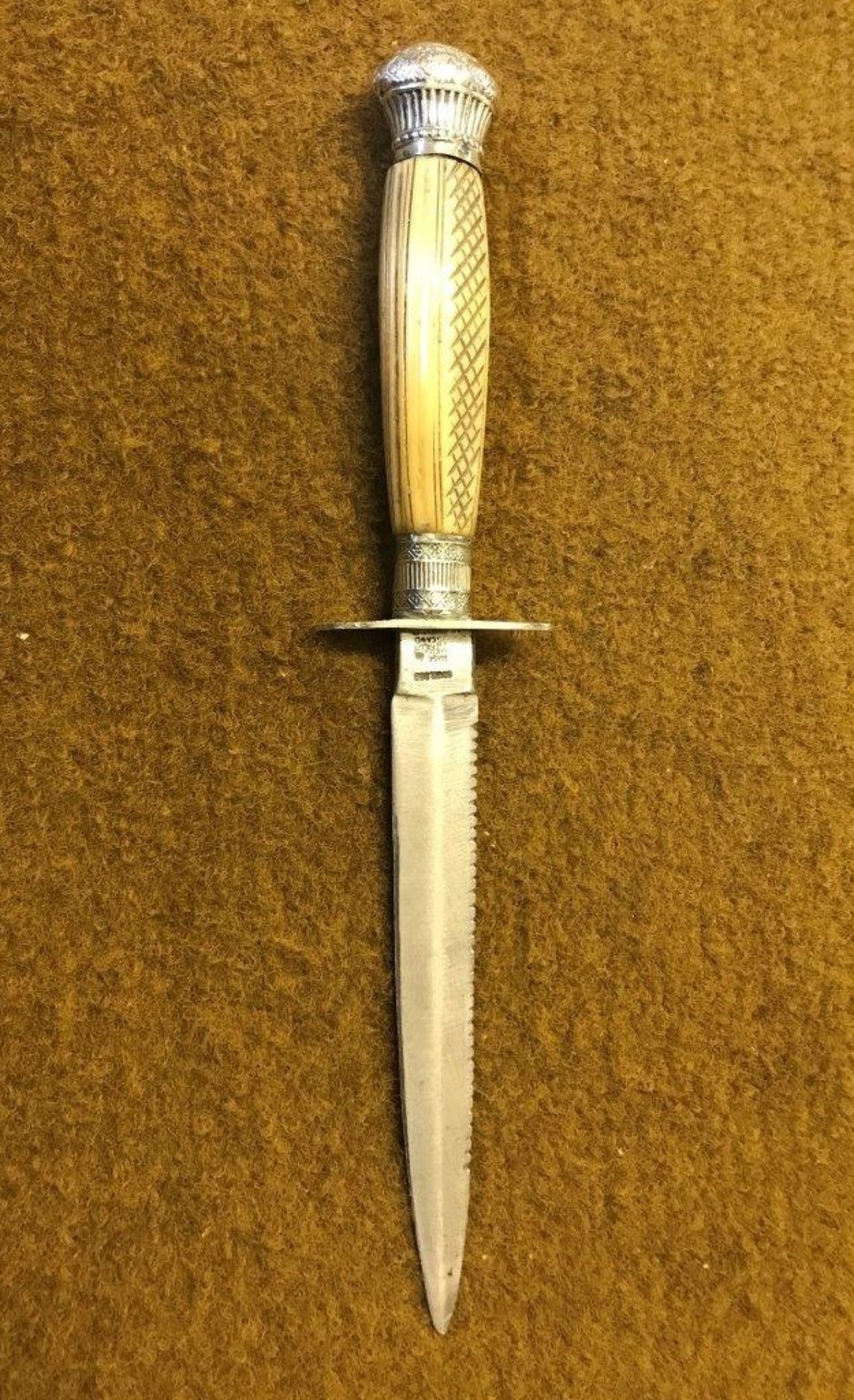 Vintage William Rodgers Serrated Edge Dagger Carved Bone Handle with Silver Plated Mounts