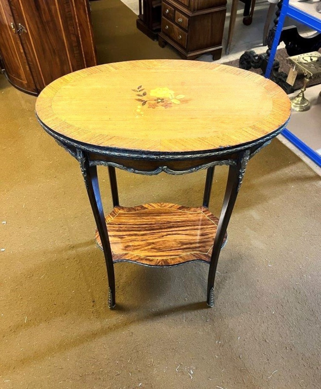 Antique French Marquetry Inlaid Side Table with Brass Ormolu Embellishments