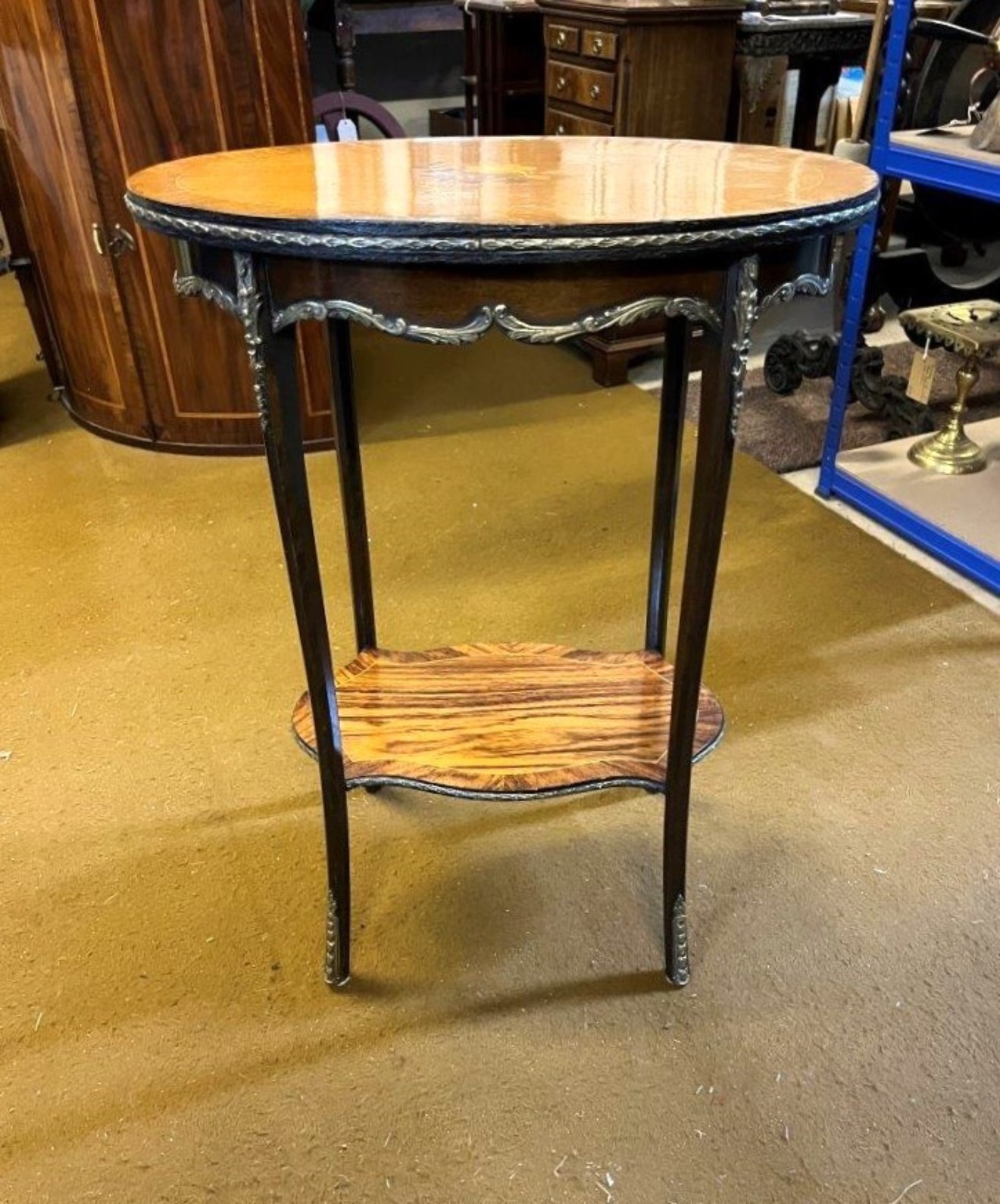 Antique French Marquetry Inlaid Side Table with Brass Ormolu Embellishments