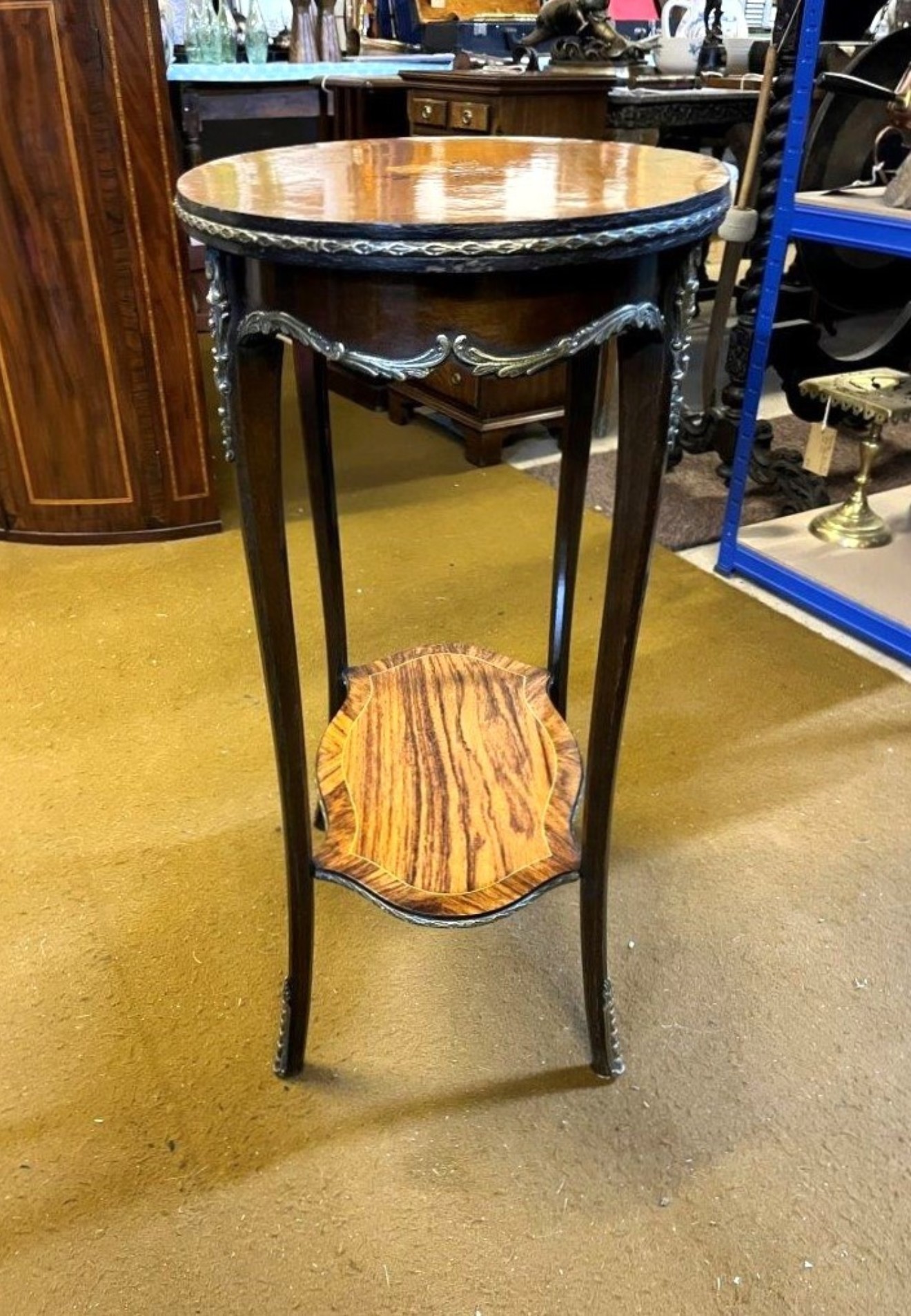 Antique French Marquetry Inlaid Side Table with Brass Ormolu Embellishments