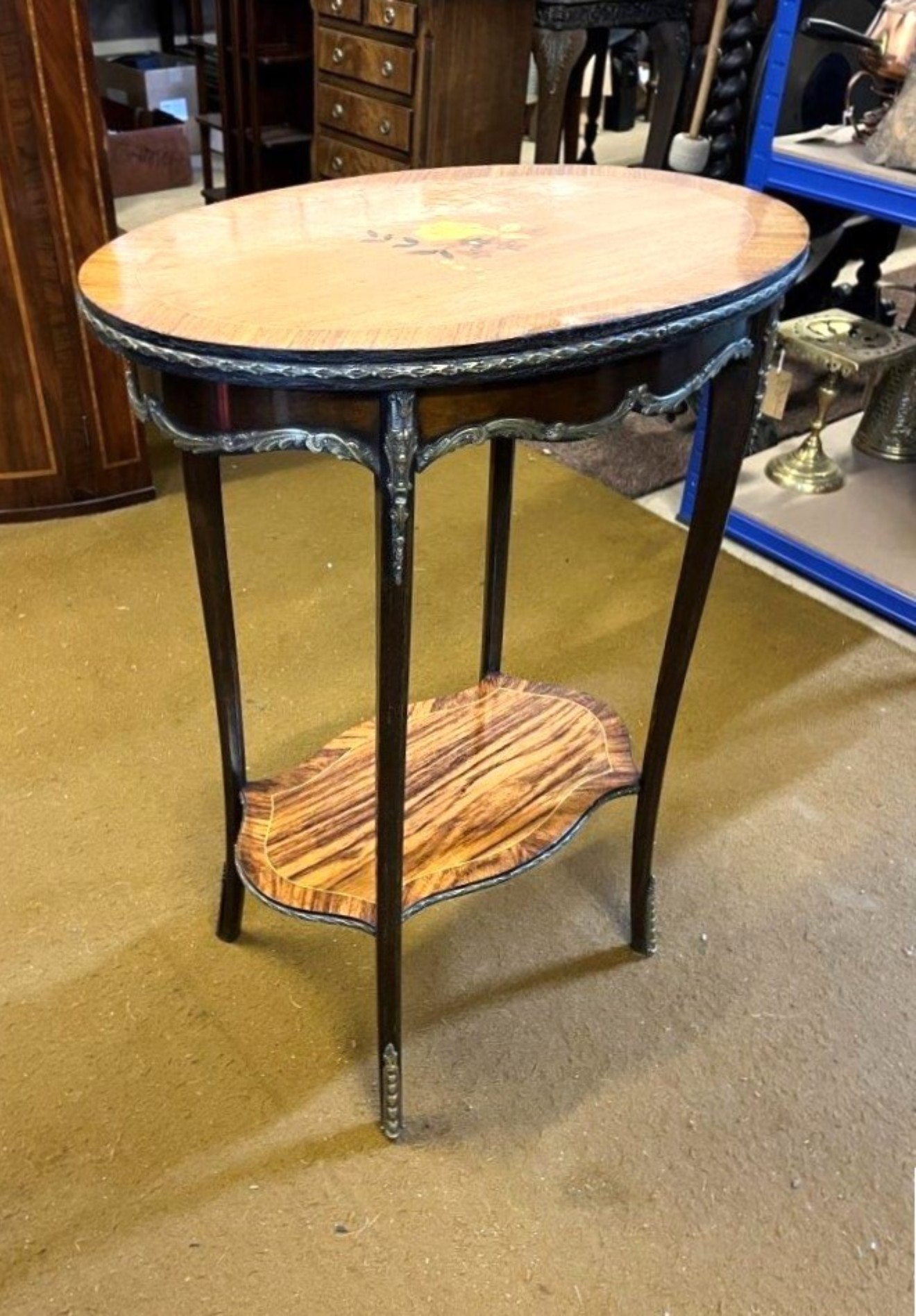 Antique French Marquetry Inlaid Side Table with Brass Ormolu Embellishments