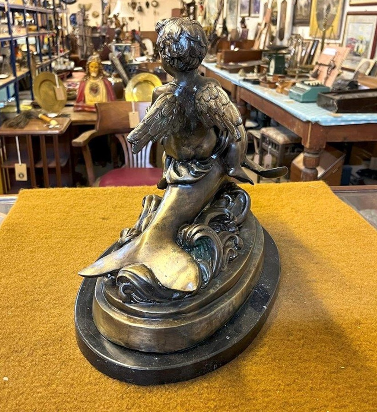 Antique Brass Bronzed Statuette of Eros Riding a Dolphin on a Marble Base