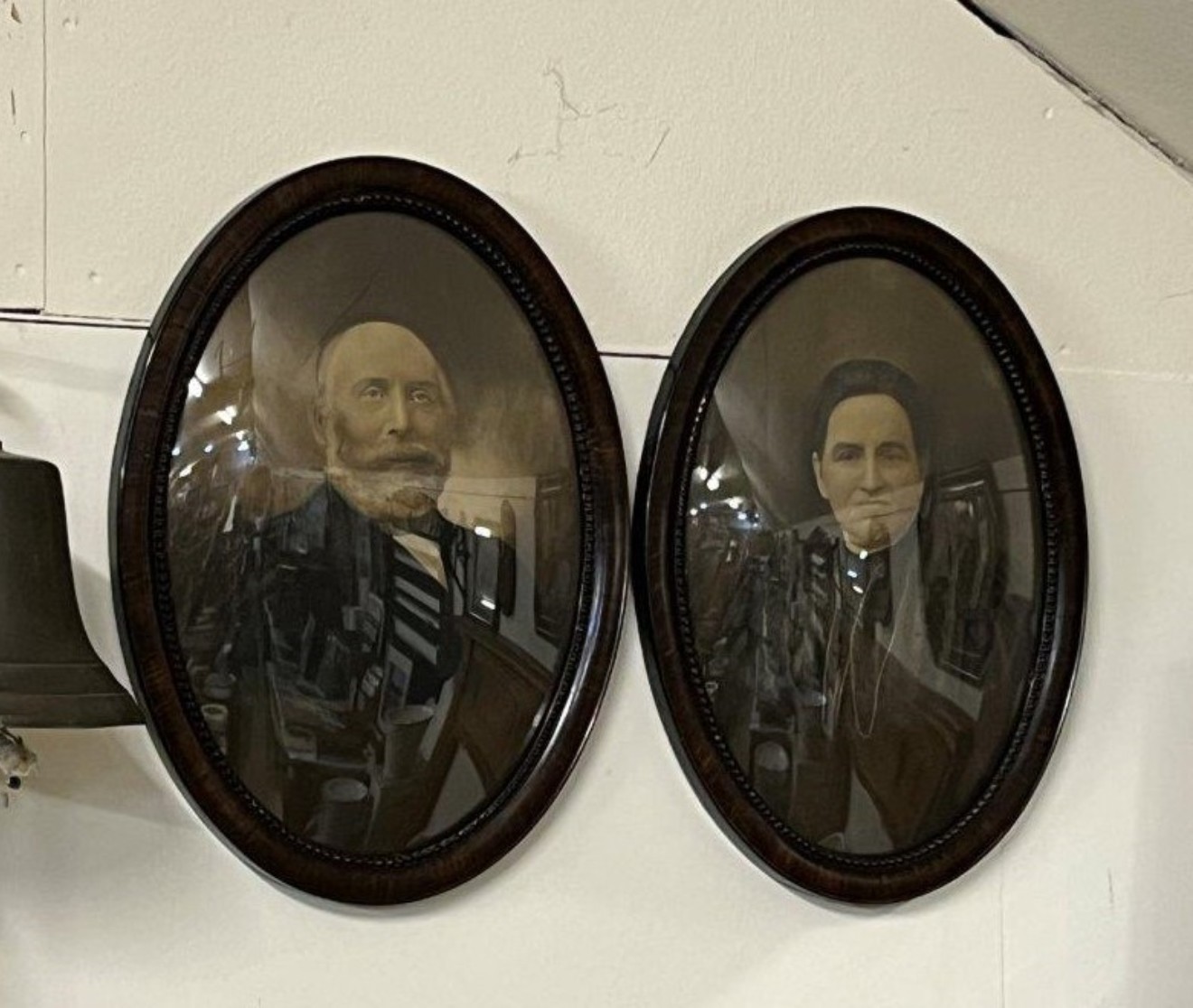 Antique Pair of Charcoal Portraits of a Lady and Gentleman in Convex Bubble Glass Faux Rosewood Frames