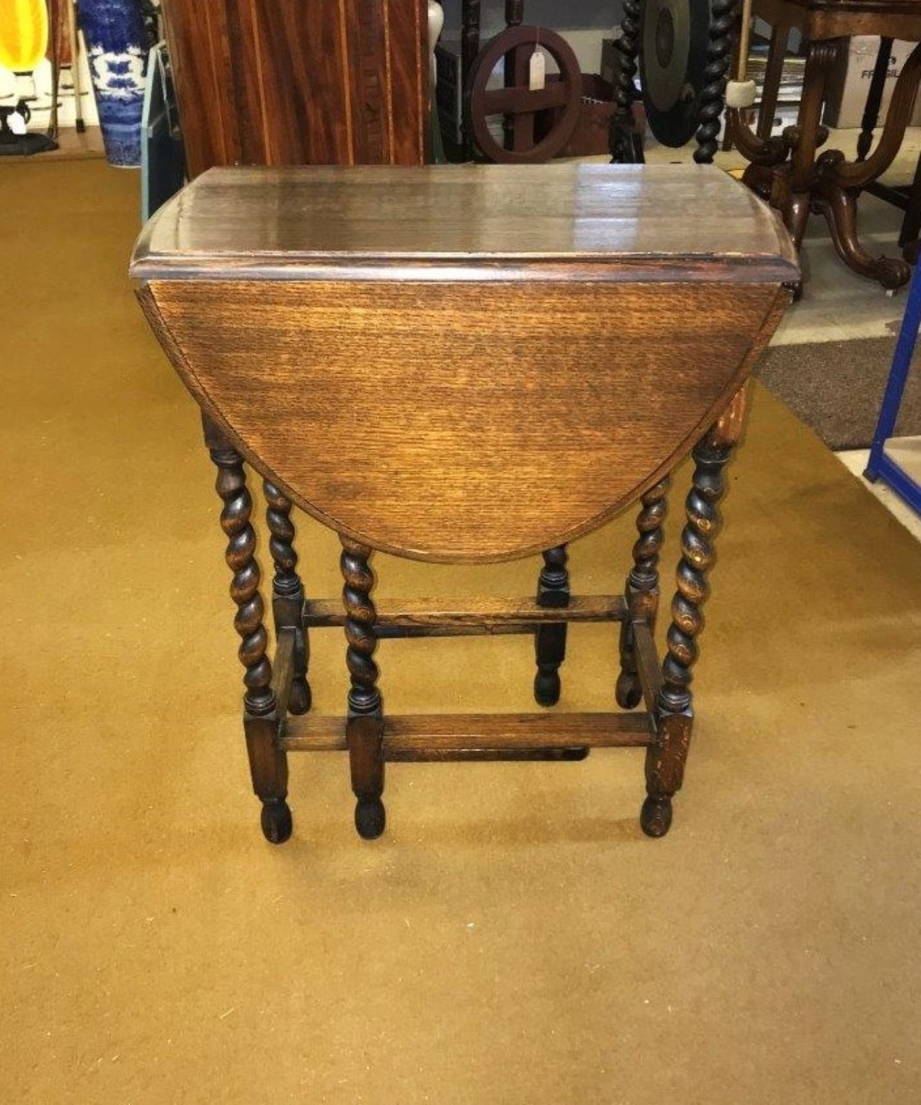 Antique Dark Oak Oval Gate Leg Table with Barley Twist Legs