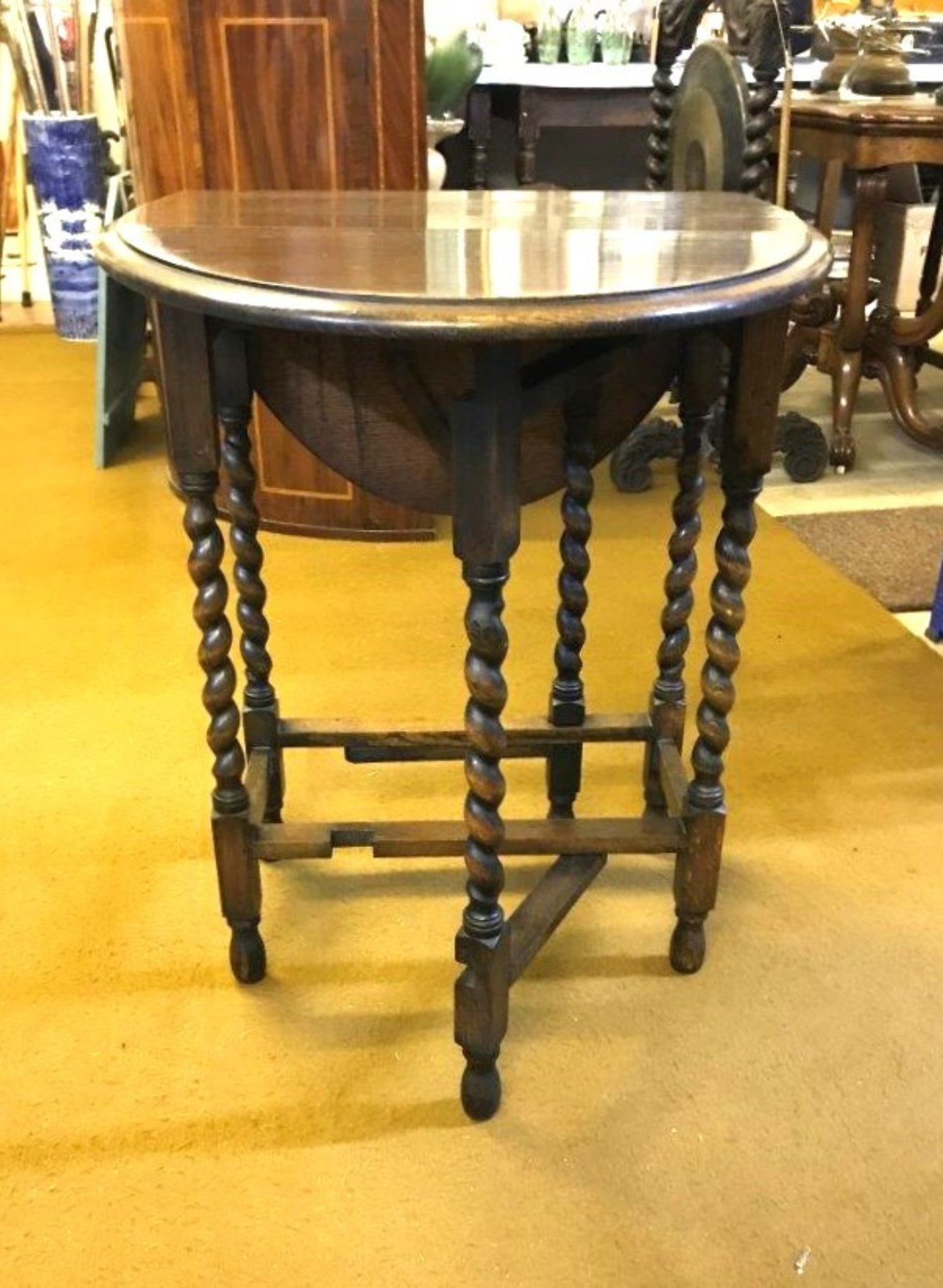 Antique Dark Oak Oval Gate Leg Table with Barley Twist Legs