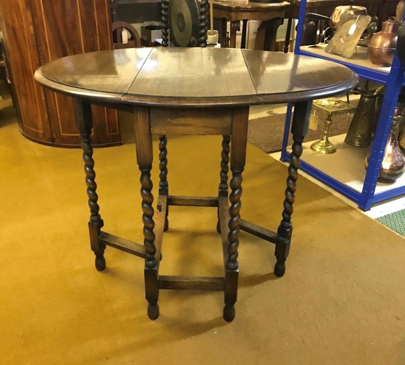 Antique Dark Oak Oval Gate Leg Table with Barley Twist Legs