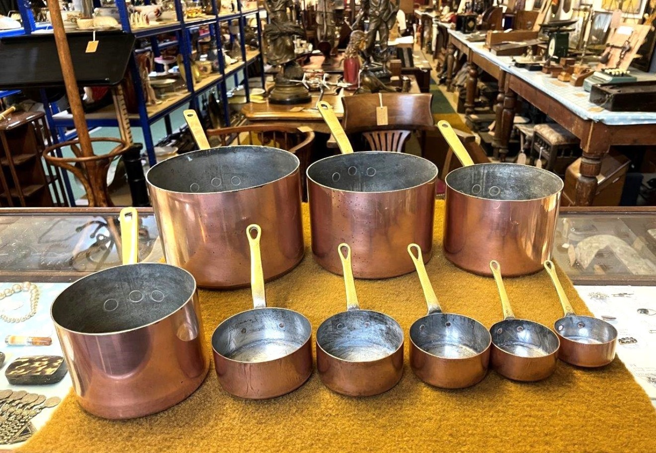 Vintage Set of 9 Copper Graduated Cooking Pots with Brass Handles