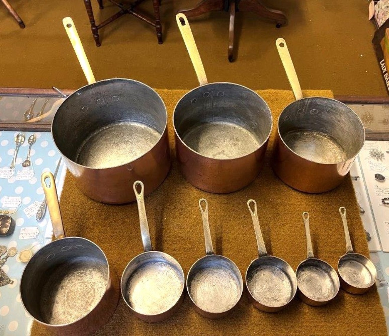 Vintage Set of 9 Copper Graduated Cooking Pots with Brass Handles