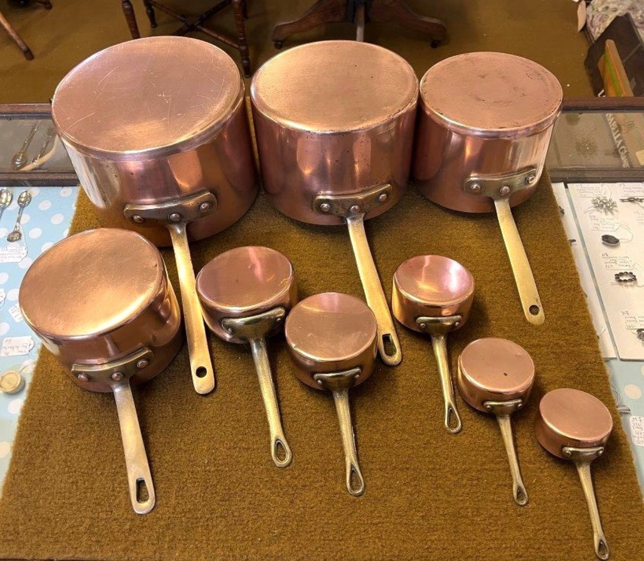 Vintage Set of 9 Copper Graduated Cooking Pots with Brass Handles