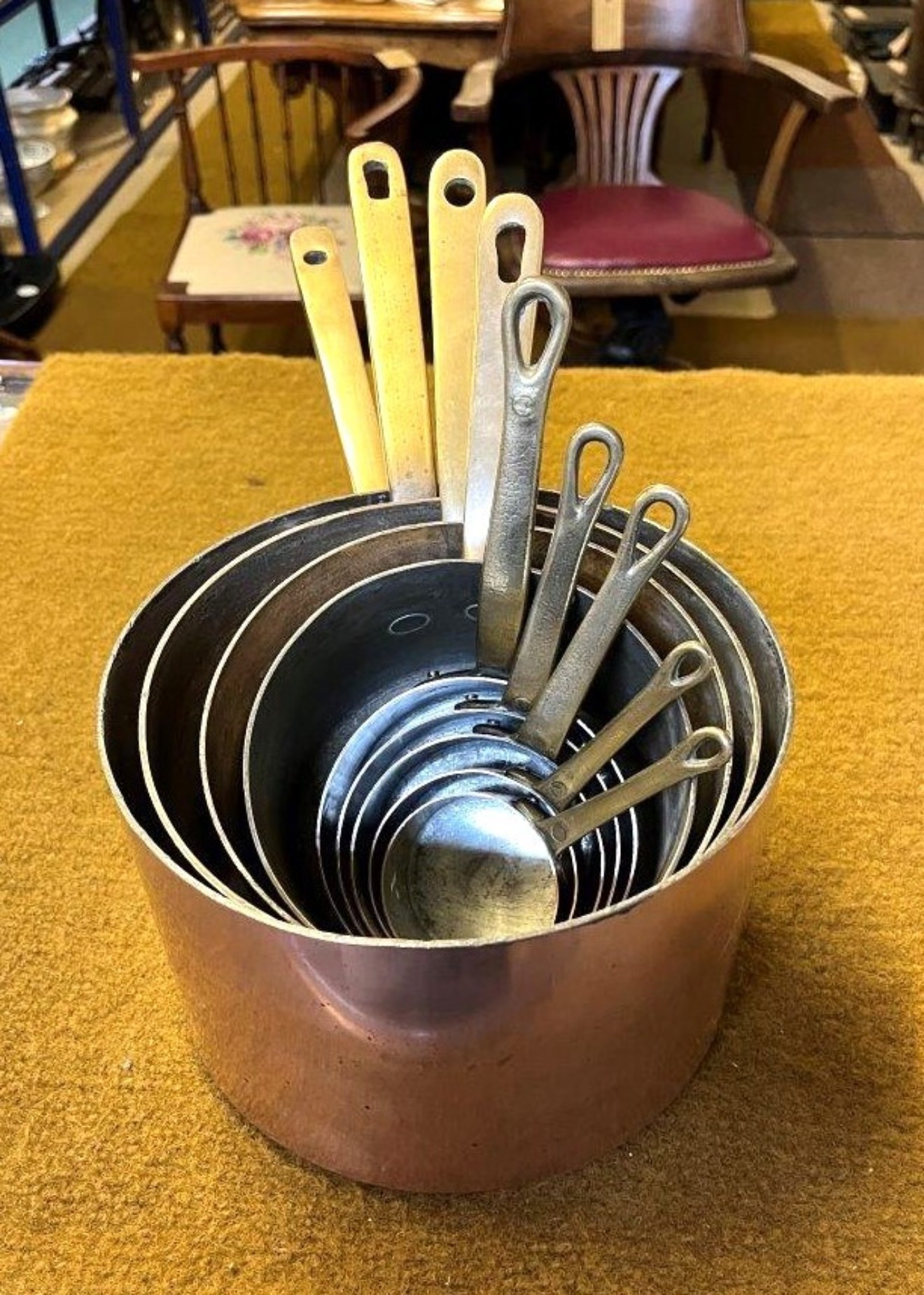 Vintage Set of 9 Copper Graduated Cooking Pots with Brass Handles