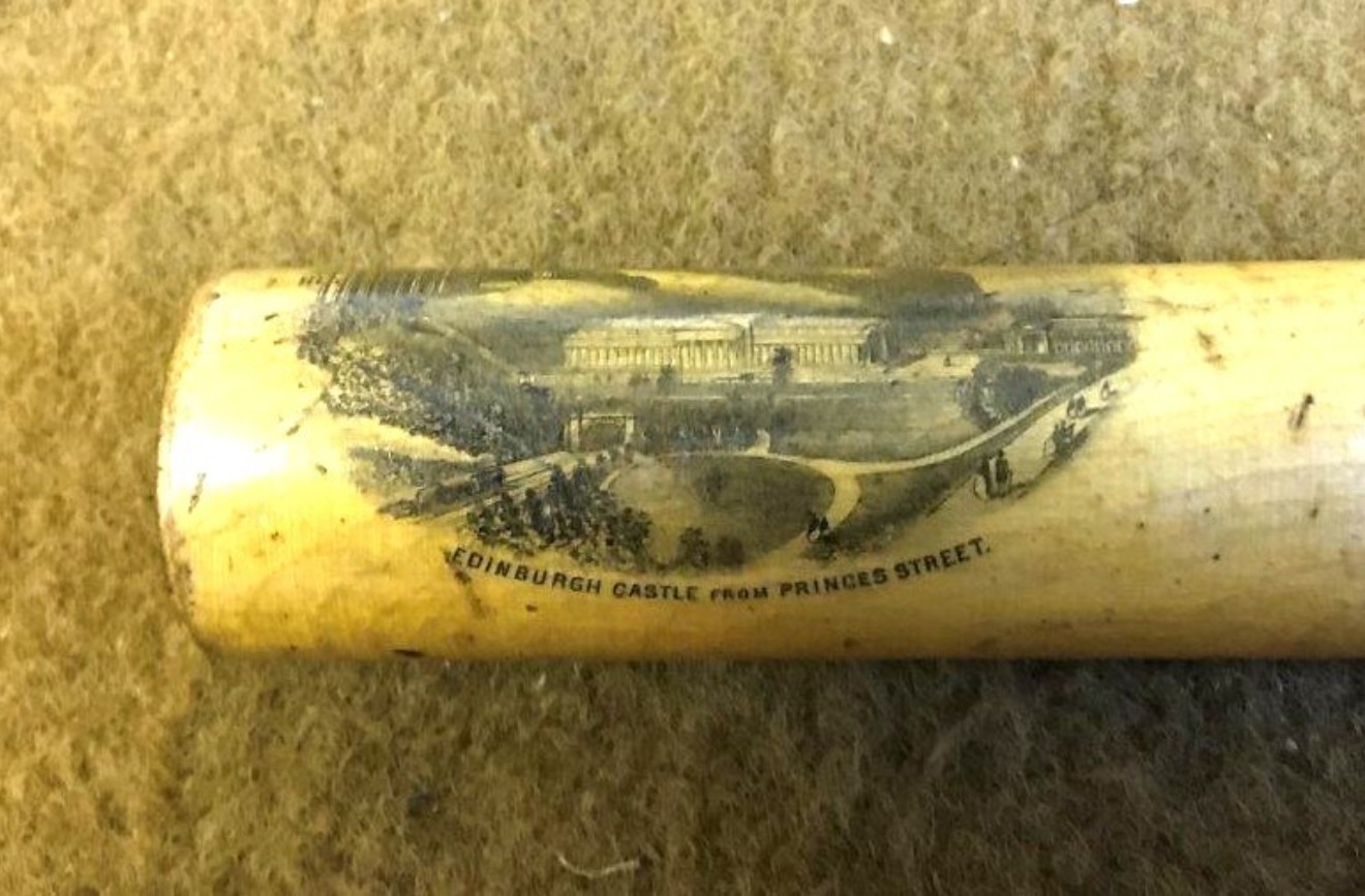 Antique Mauchline Ware Cylinder Needle Box with Transfers of Edinburgh Castle from Princess Street and Albert Memorial Edinburgh