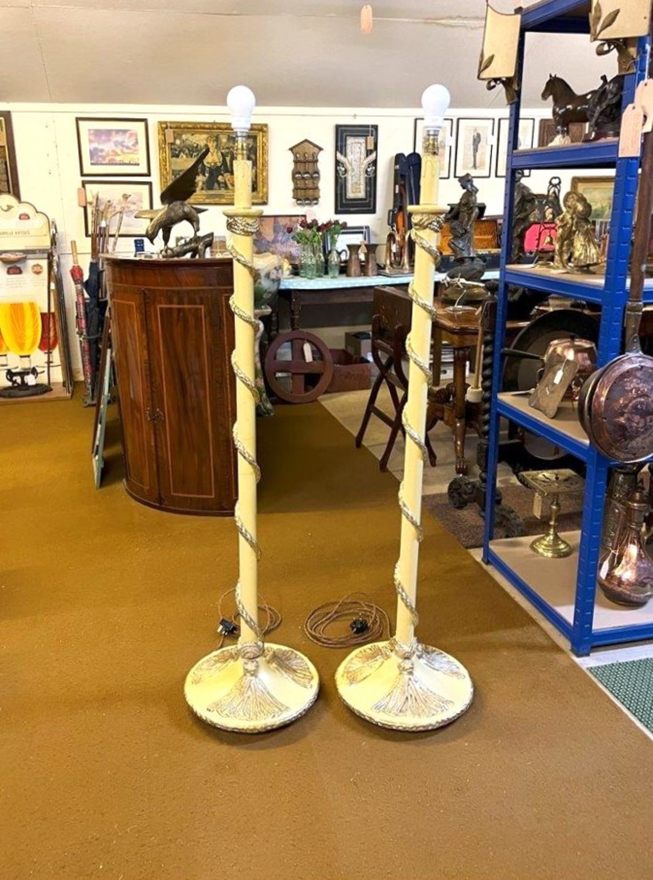 Antique Pair of Terracotta Standard Lamps with Gilt Rope Detailing