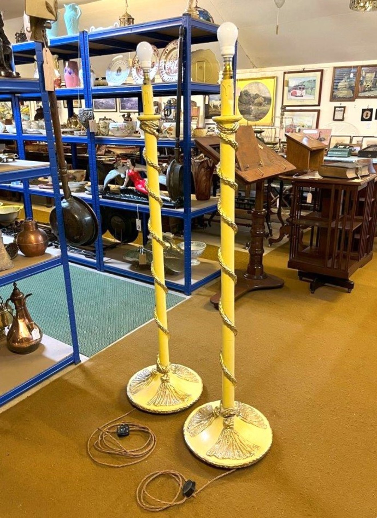 Antique Pair of Terracotta Standard Lamps with Gilt Rope Detailing