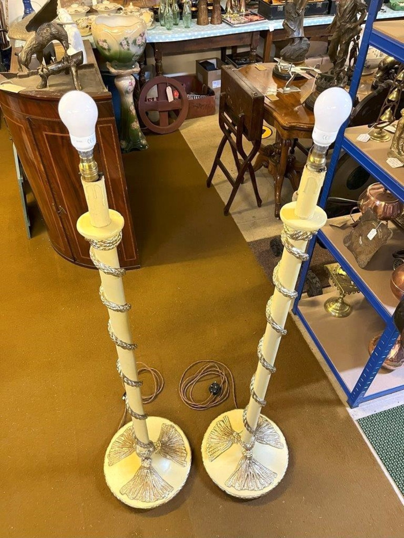 Antique Pair of Terracotta Standard Lamps with Gilt Rope Detailing