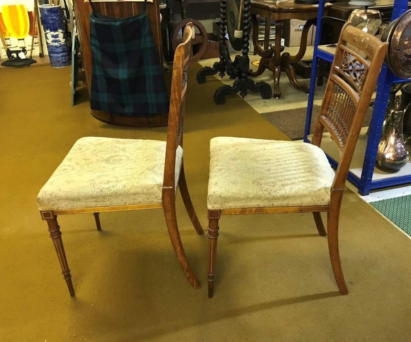 Edwardian Pair of Mahogany Inlaid and Painted Side / Dining Chairs