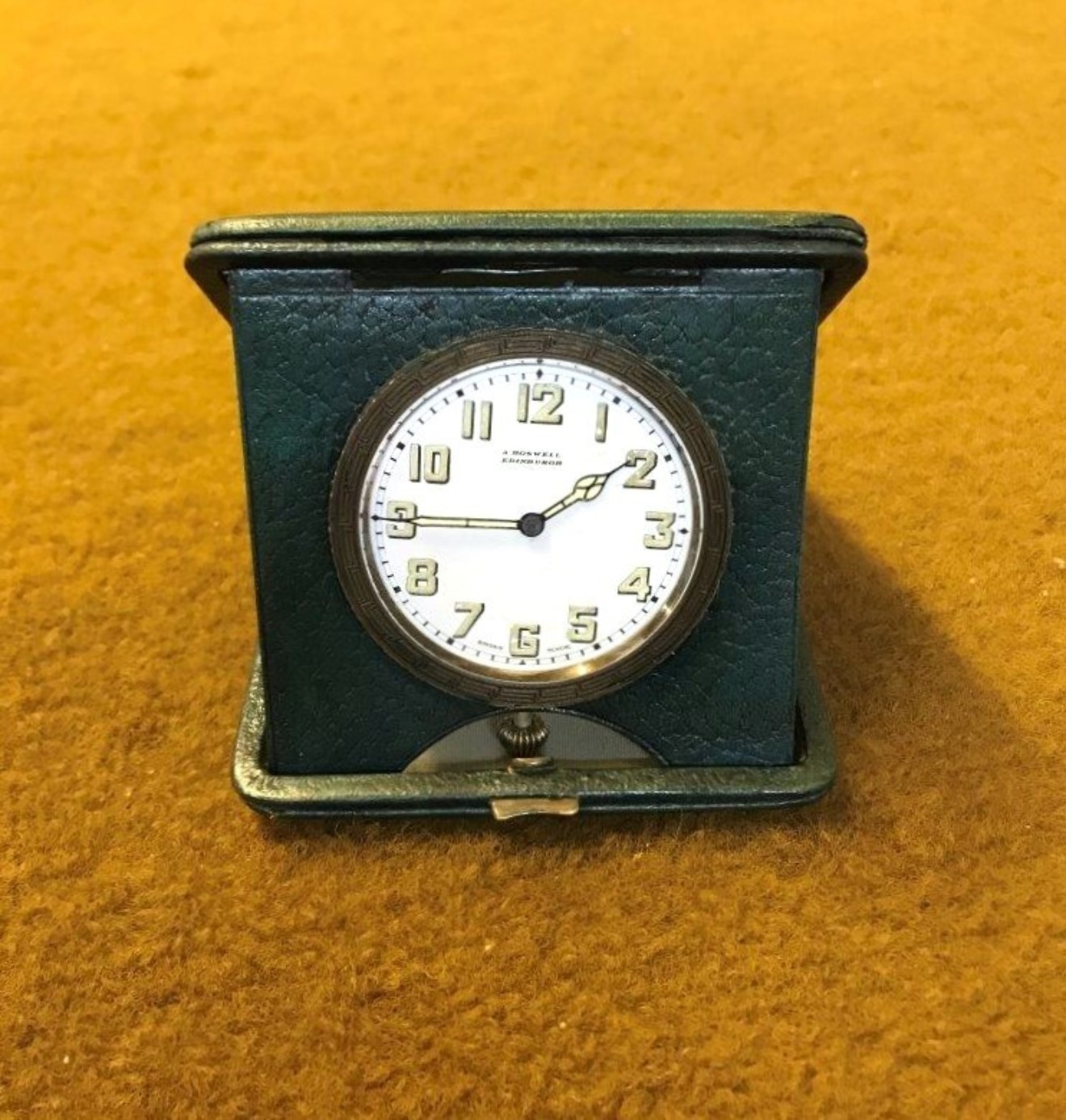 Vintage Leather Cased Travel Clock Swiss Made and Retailed by A Boswell Edinburgh