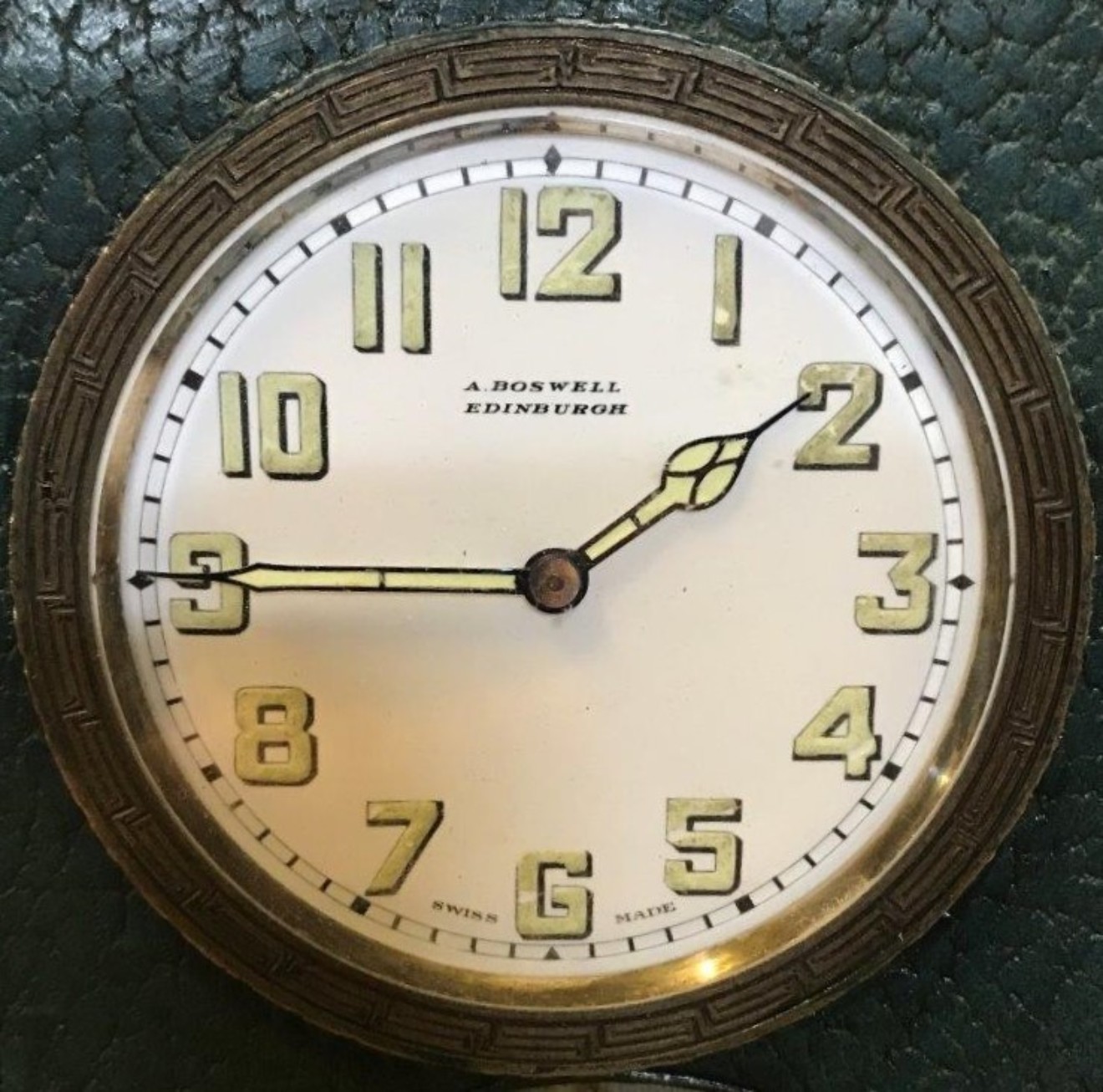 Vintage Leather Cased Travel Clock Swiss Made and Retailed by A Boswell Edinburgh