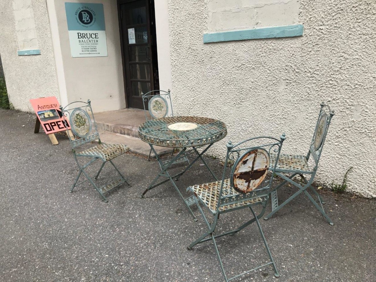 Vintage Metal Bistro Table and Chairs with Floral Relief Panel Decoration