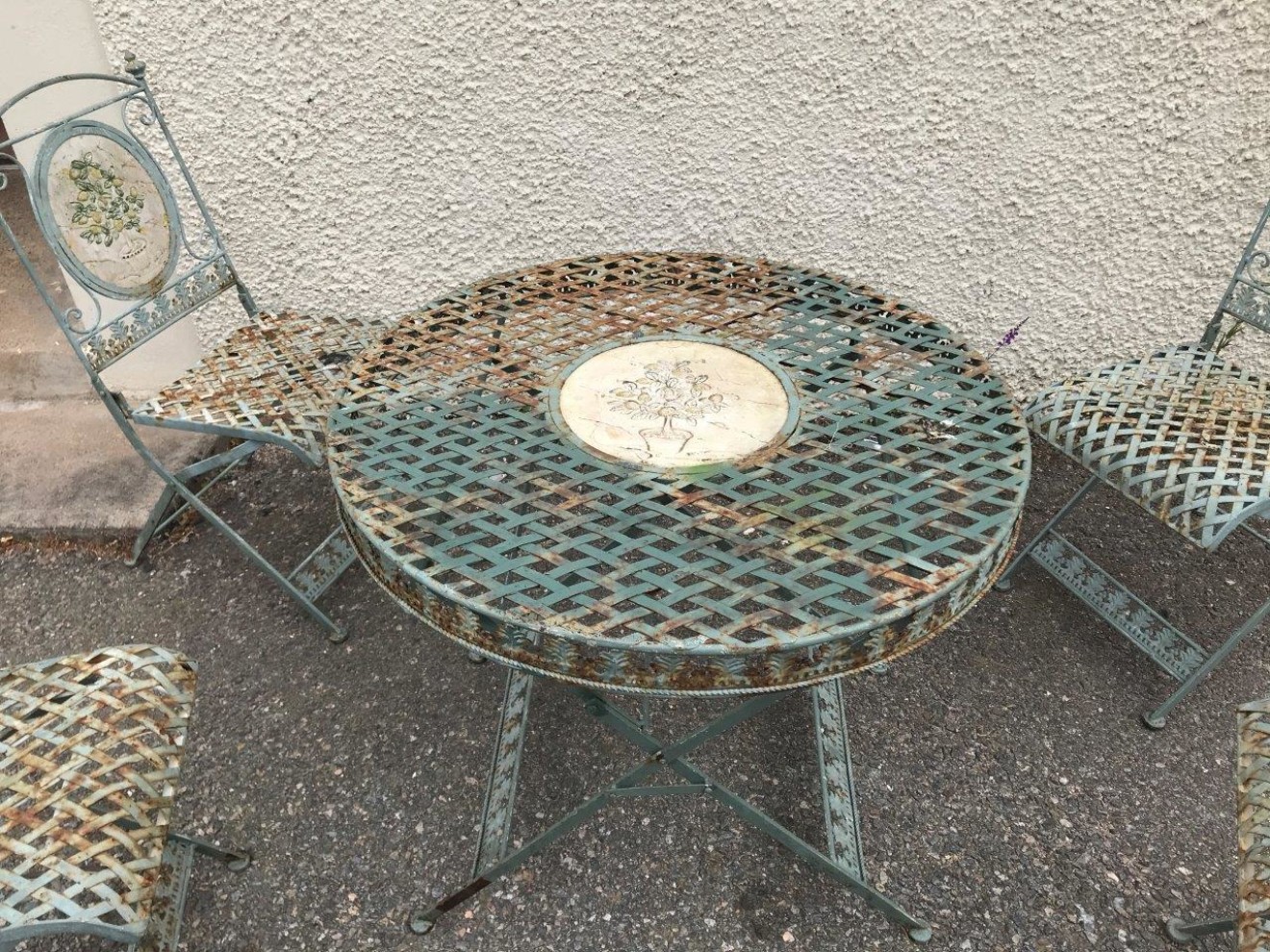 Vintage Metal Bistro Table and Chairs with Floral Relief Panel Decoration