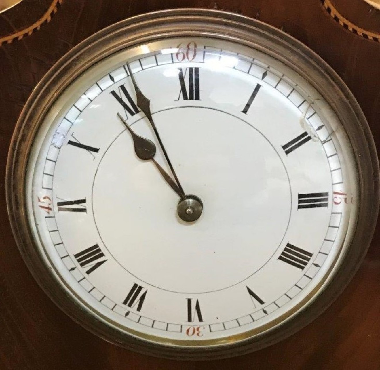 Edwardian Duverdry & Bloquel Flame Mahogany Inlaid Mantle Clock