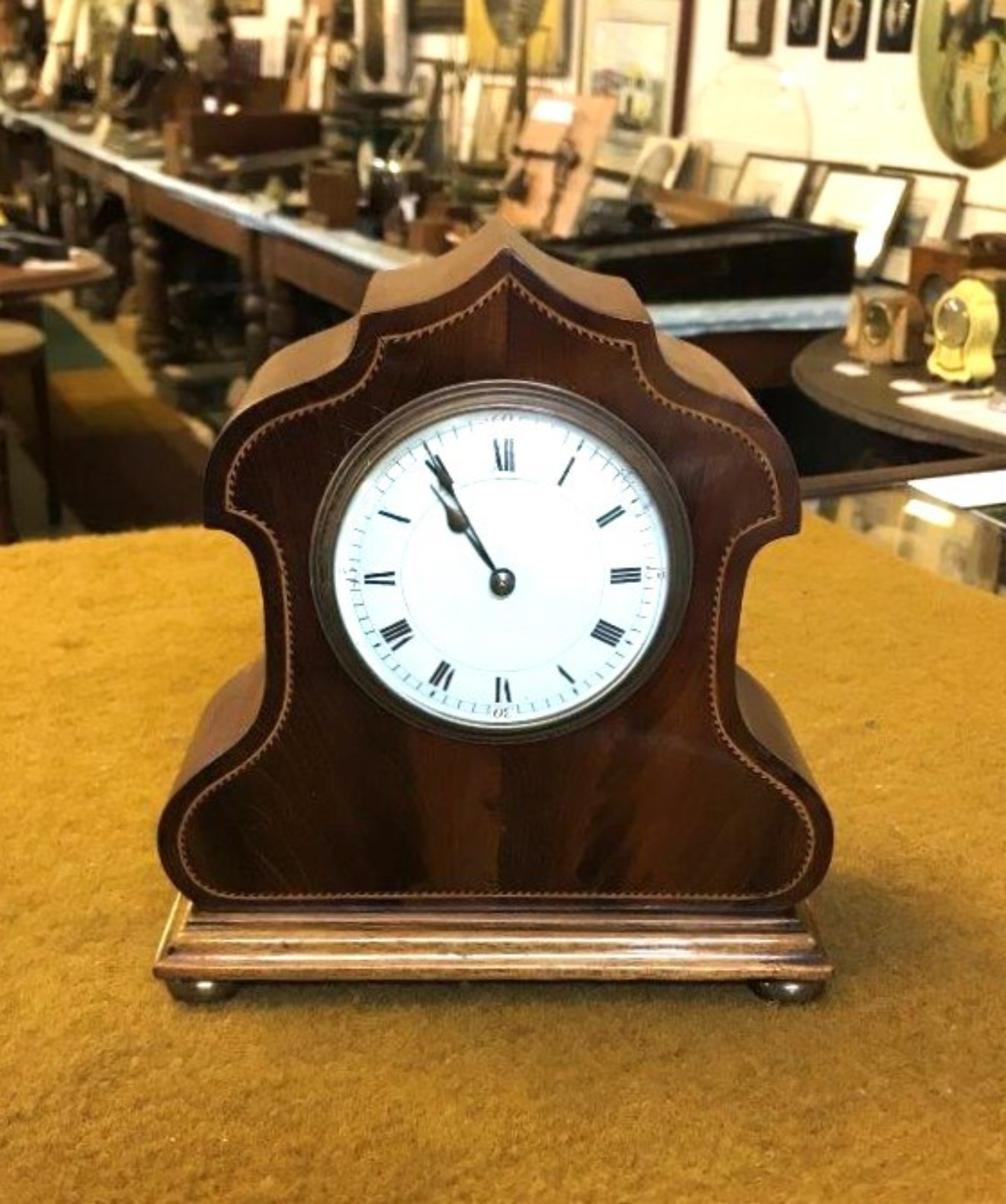 Edwardian Duverdry & Bloquel Flame Mahogany Inlaid Mantle Clock