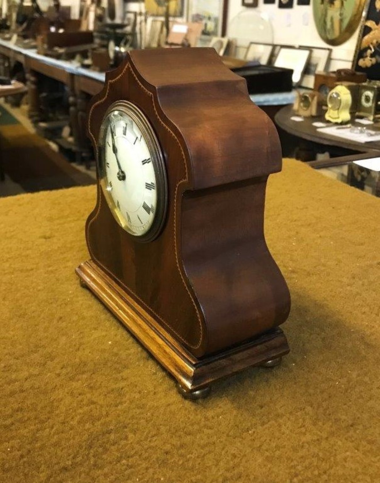 Edwardian Duverdry & Bloquel Flame Mahogany Inlaid Mantle Clock