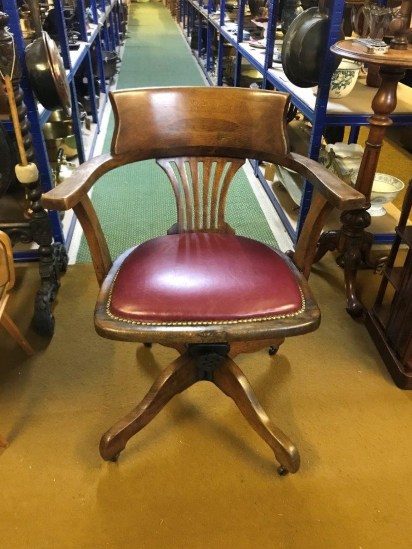 Vintage Oak Swivel / Tilt Office Chair with Leather Seat