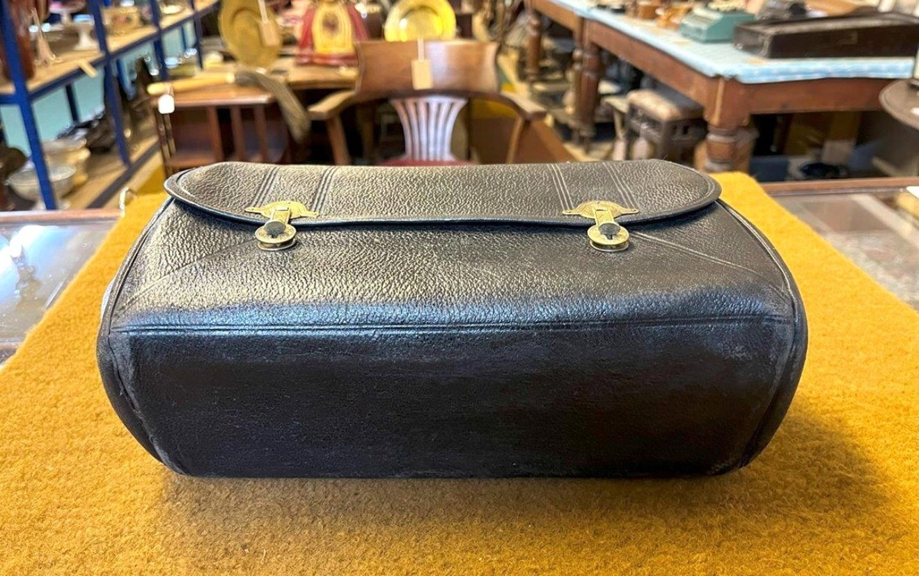 Antique Nurse / Midwifes Bag Black Leather with Red Leather Interior