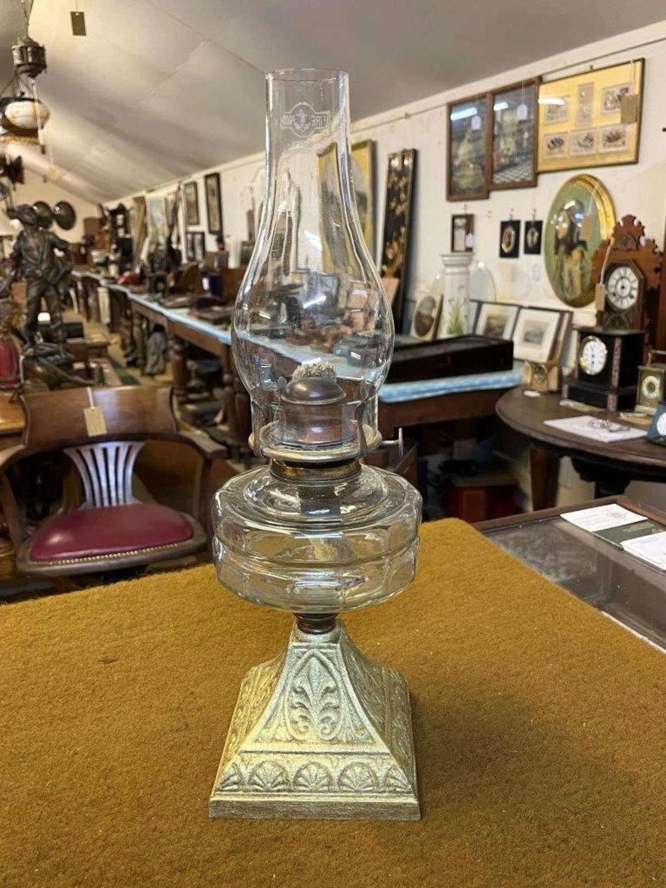 Victorian Gilt Cast Iron Pyramid Based Oil Lamp