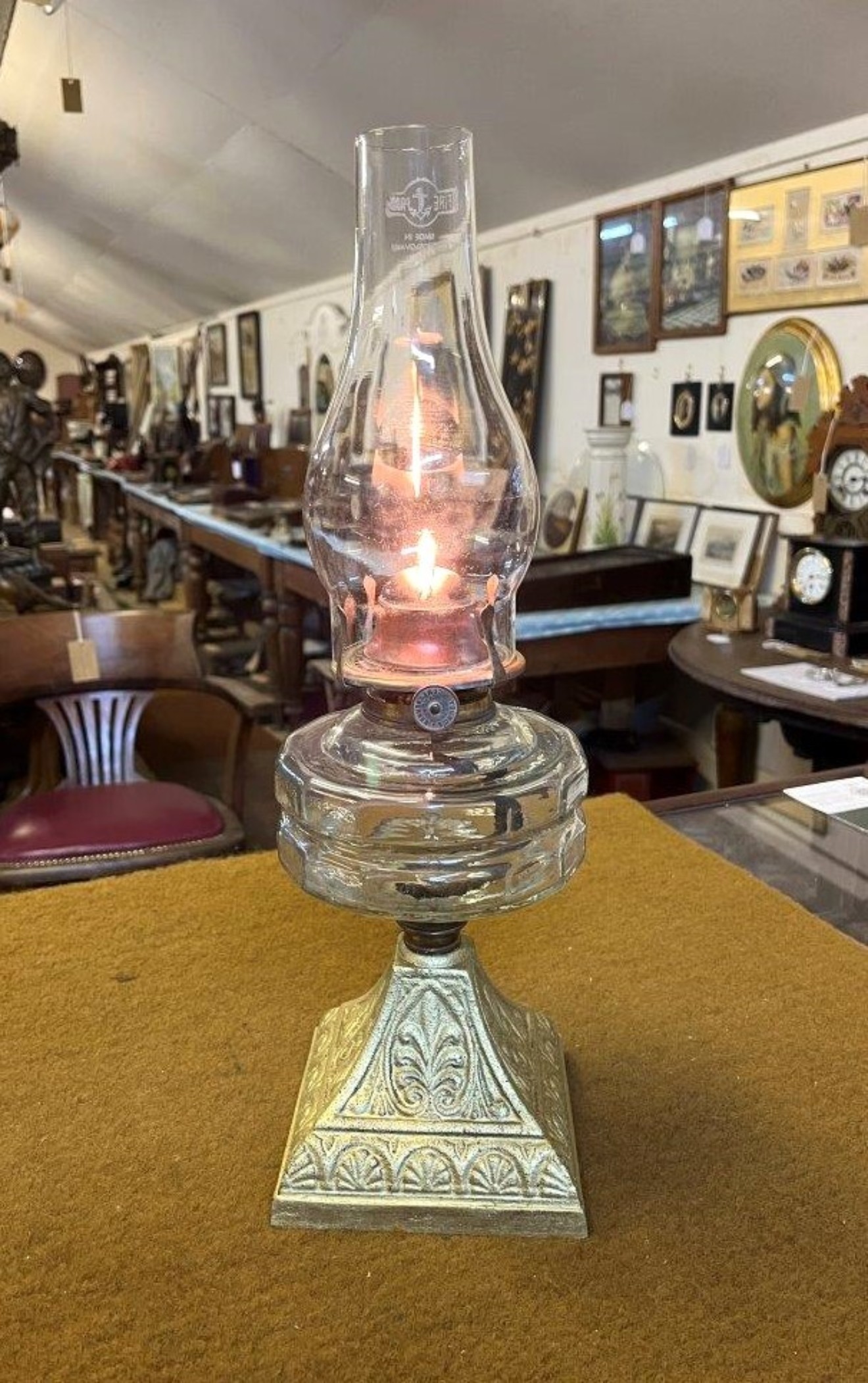 Victorian Gilt Cast Iron Pyramid Based Oil Lamp