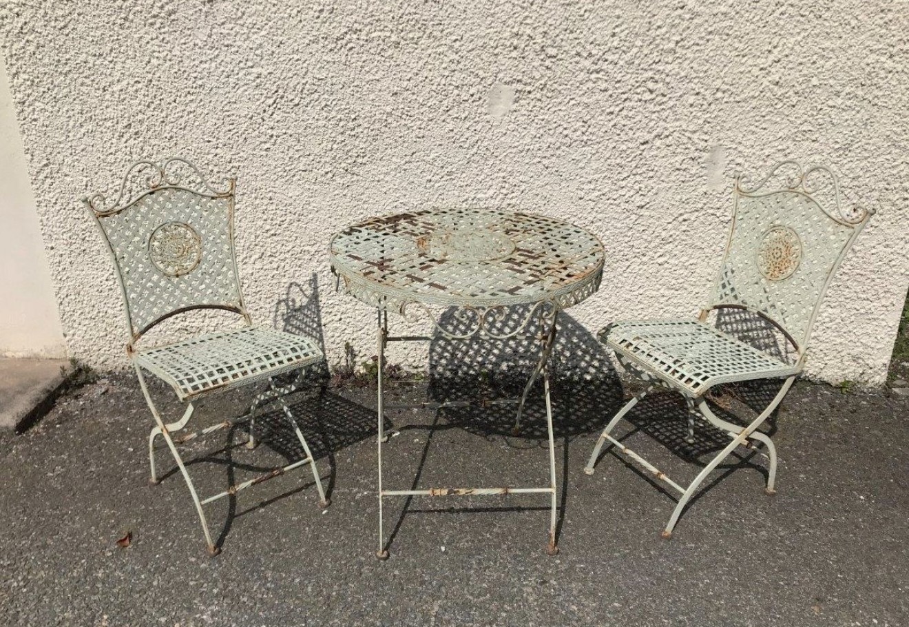 Vintage Outdoor Table and Chairs Wrought / Strap Iron with Decorative Panels