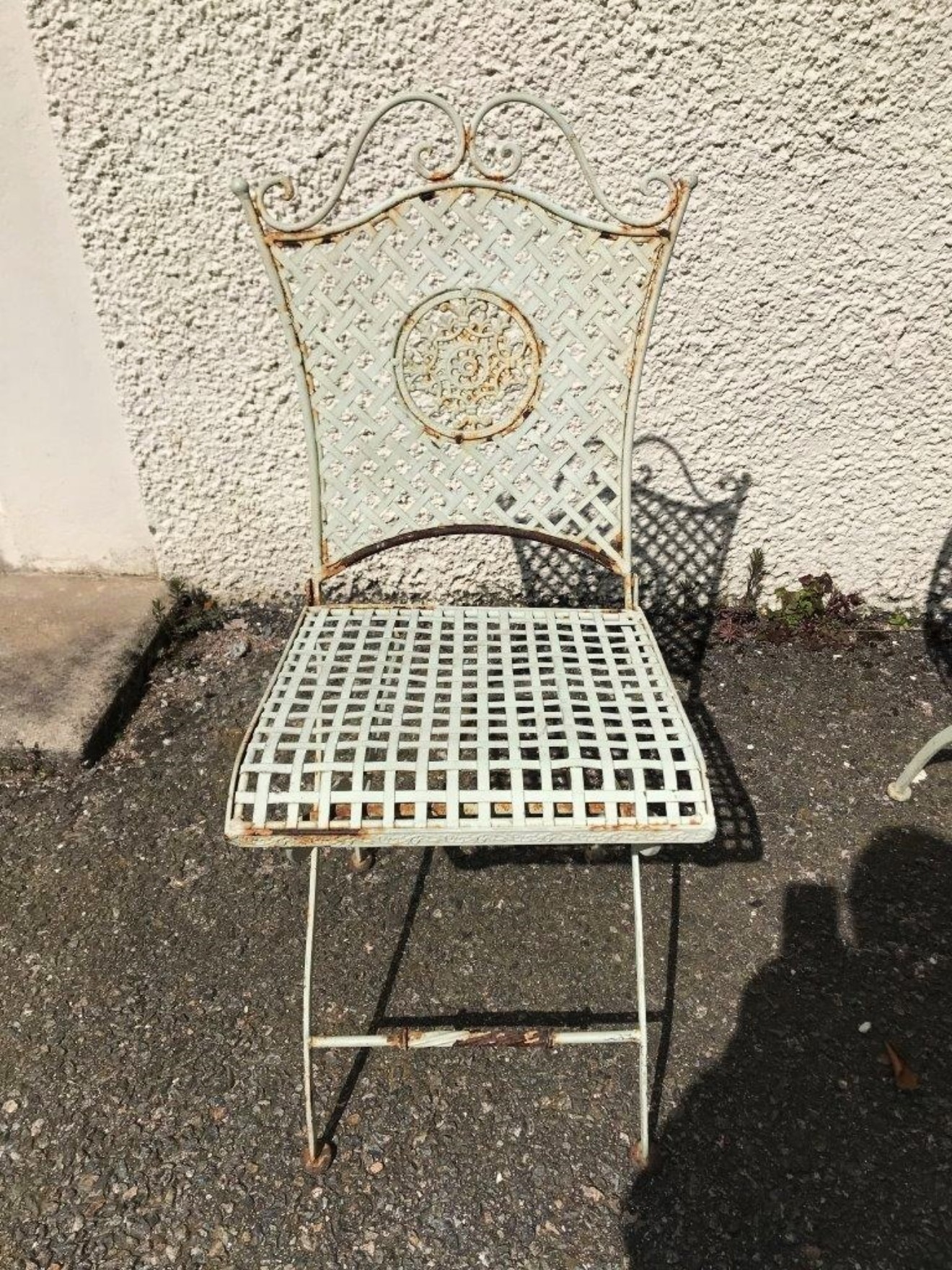 Vintage Outdoor Table and Chairs Wrought / Strap Iron with Decorative Panels