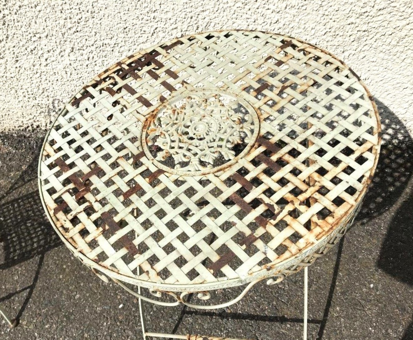 Vintage Outdoor Table and Chairs Wrought / Strap Iron with Decorative Panels