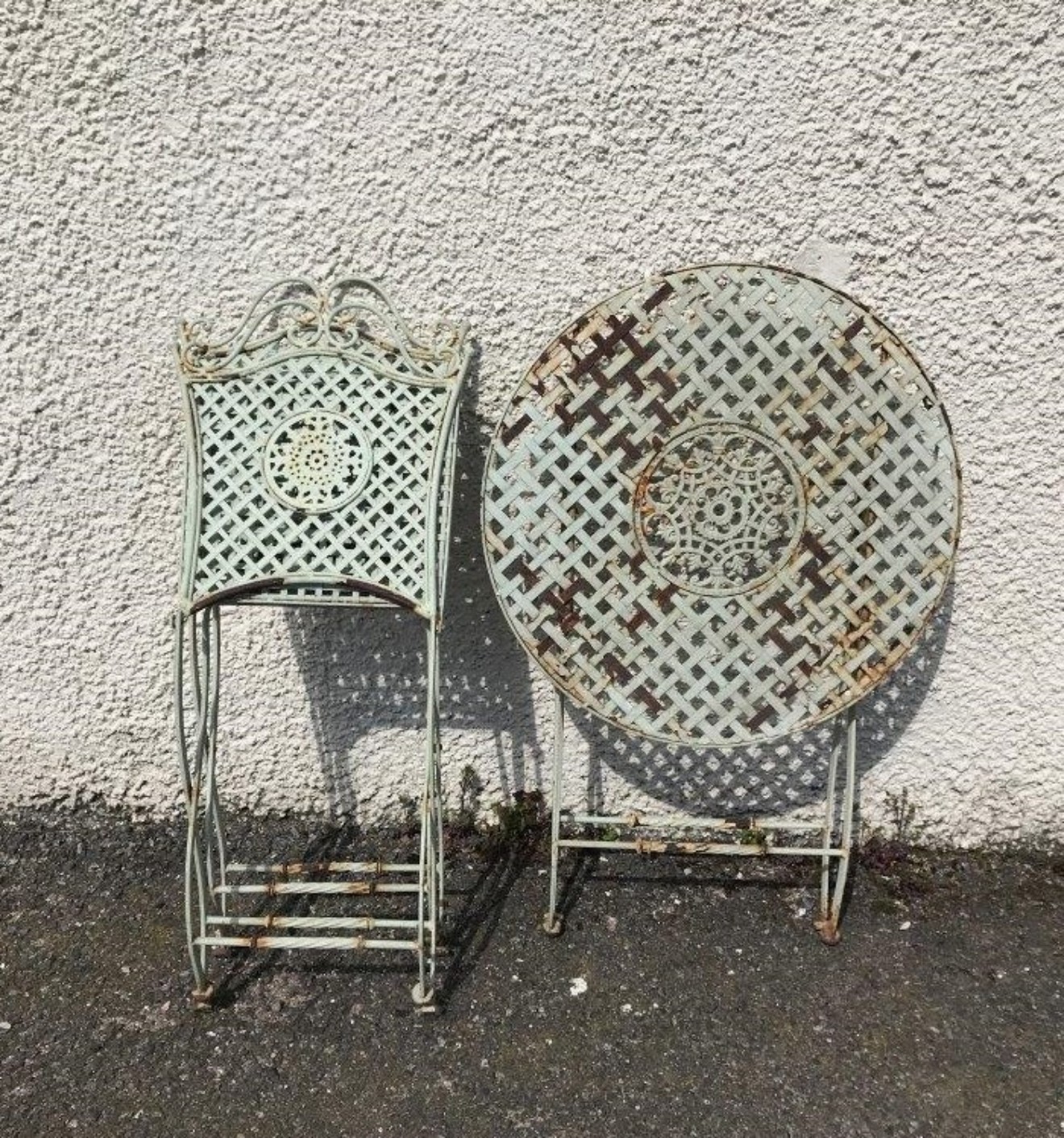 Vintage Outdoor Table and Chairs Wrought / Strap Iron with Decorative Panels