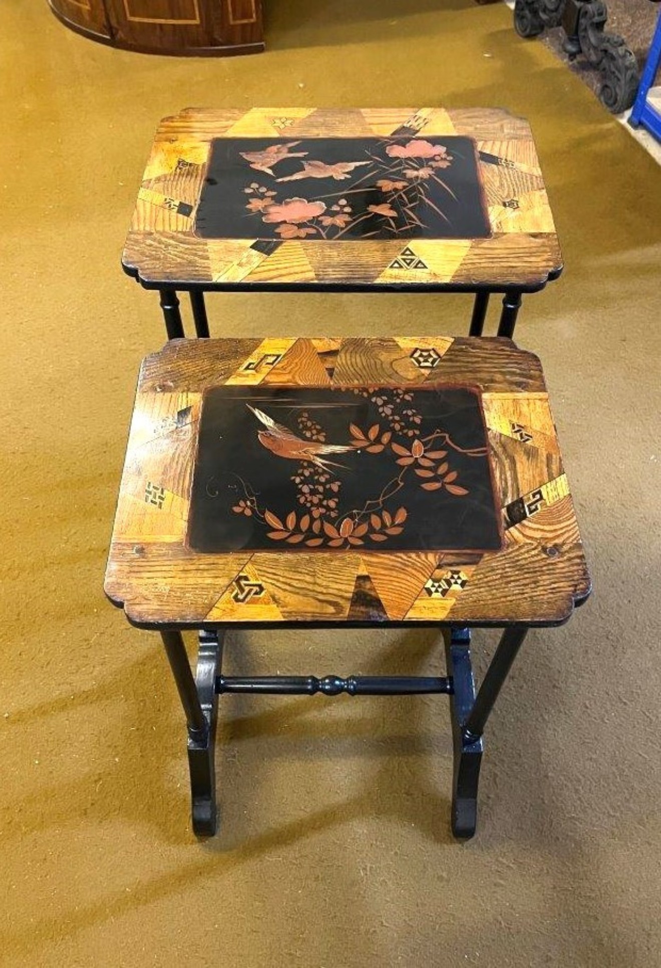 Regency Style Chinoiserie Decorated Satinwood Inlaid Nest of 2 Tables