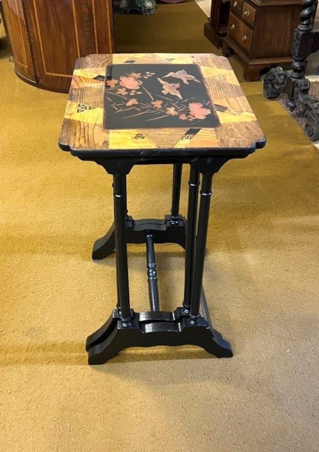 Regency Style Chinoiserie Decorated Satinwood Inlaid Nest of 2 Tables