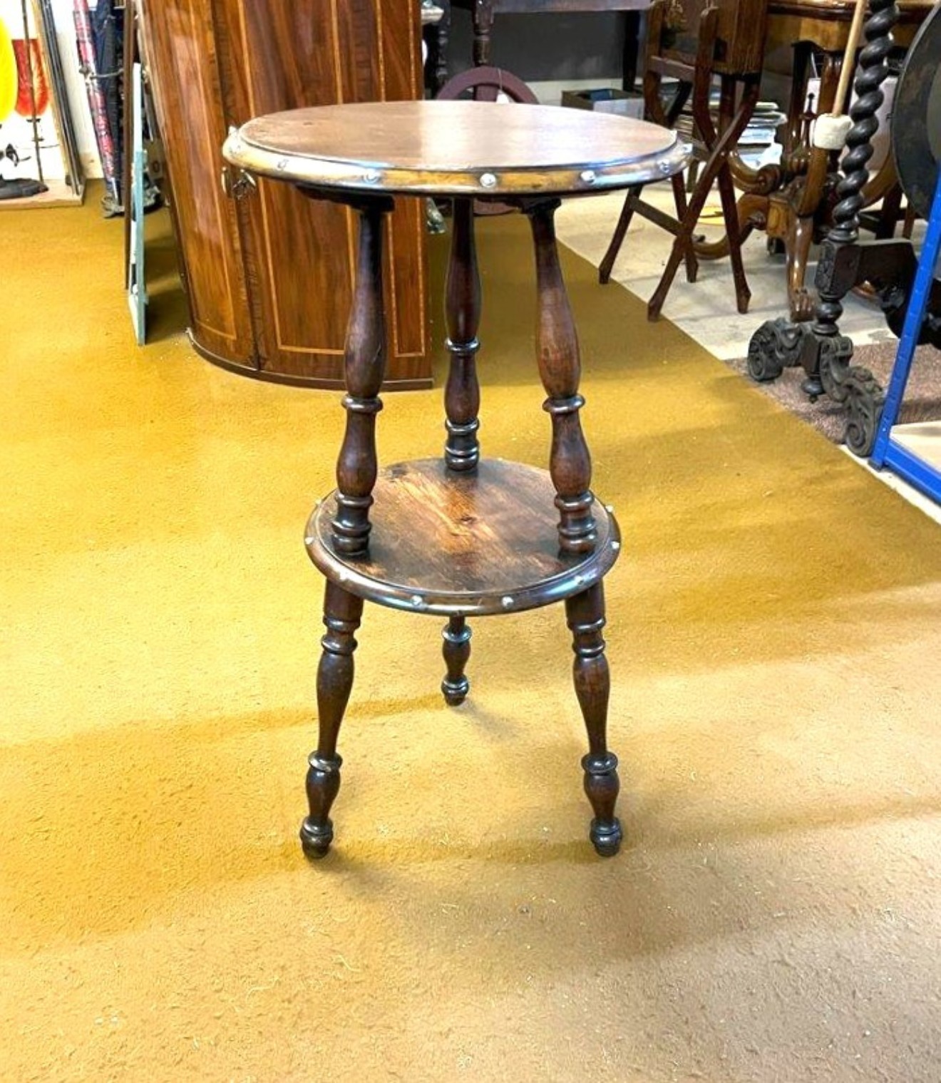 Antique Mahogany Gypsy Table with Turned Legs and Brass Studding