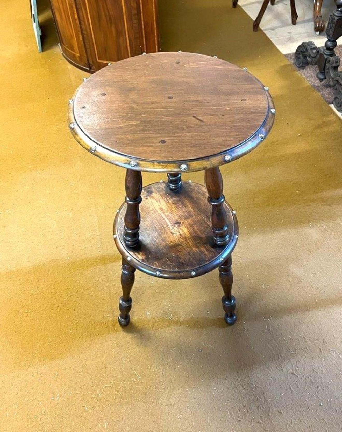 Antique Mahogany Gypsy Table with Turned Legs and Brass Studding