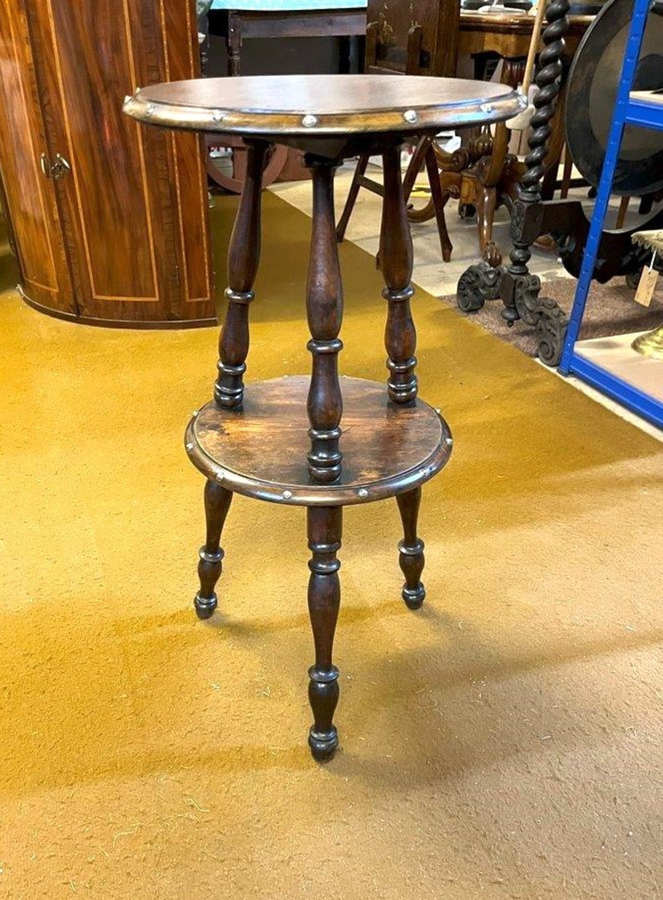 Antique Mahogany Gypsy Table with Turned Legs and Brass Studding