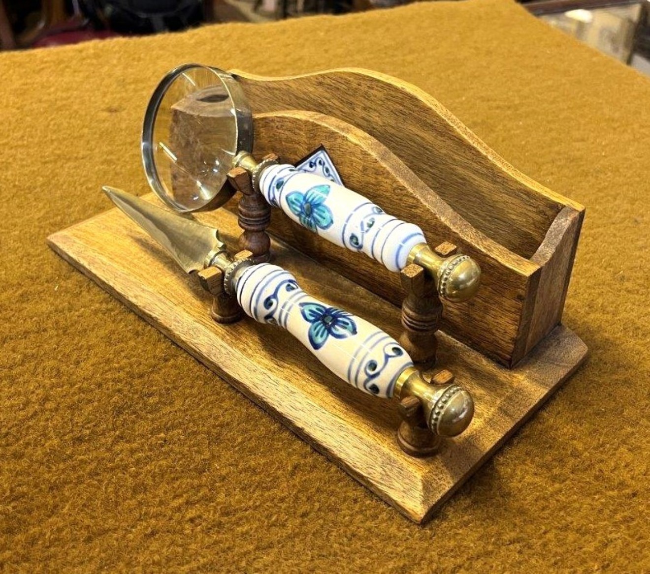 Vintage Letter Rack with Ceramic and Brass Magnifying Glass and Letter Opener