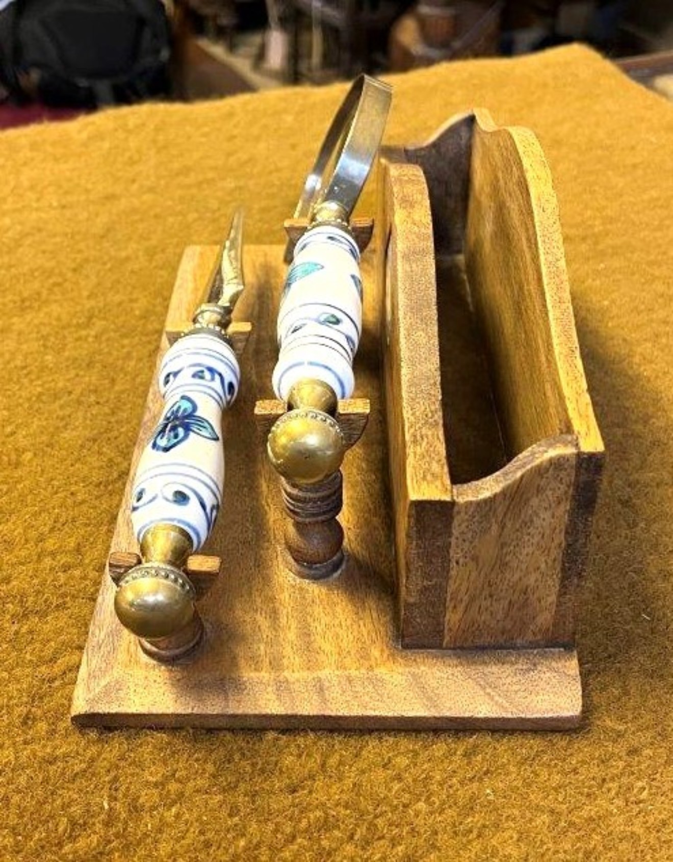 Vintage Letter Rack with Ceramic and Brass Magnifying Glass and Letter Opener