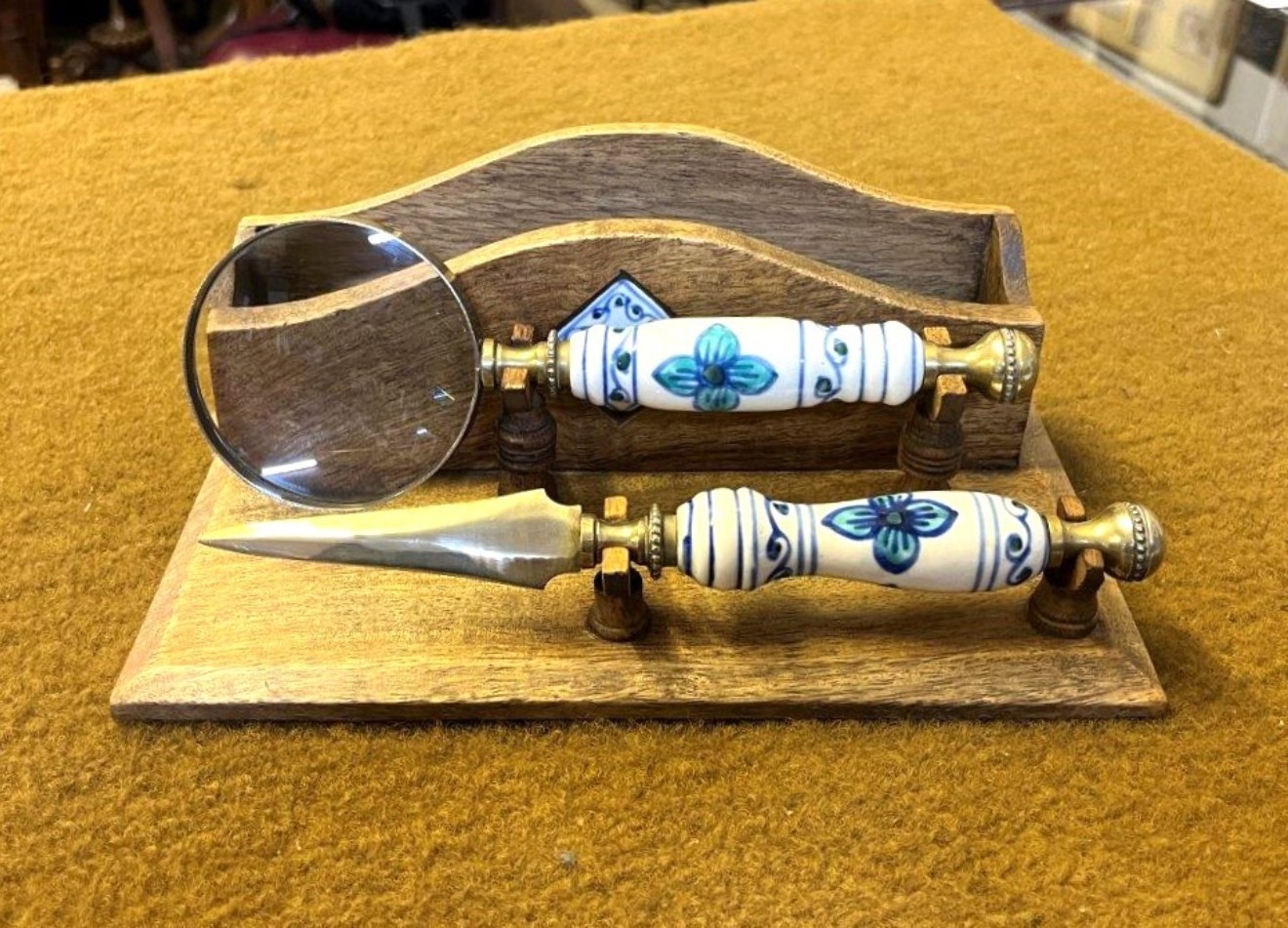 Vintage Letter Rack with Ceramic and Brass Magnifying Glass and Letter Opener