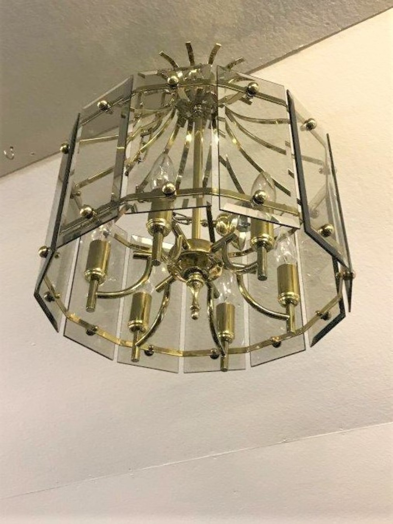 Mid 20th Century Brass and Smoked Glass Panel Chandelier - Bruce of ...