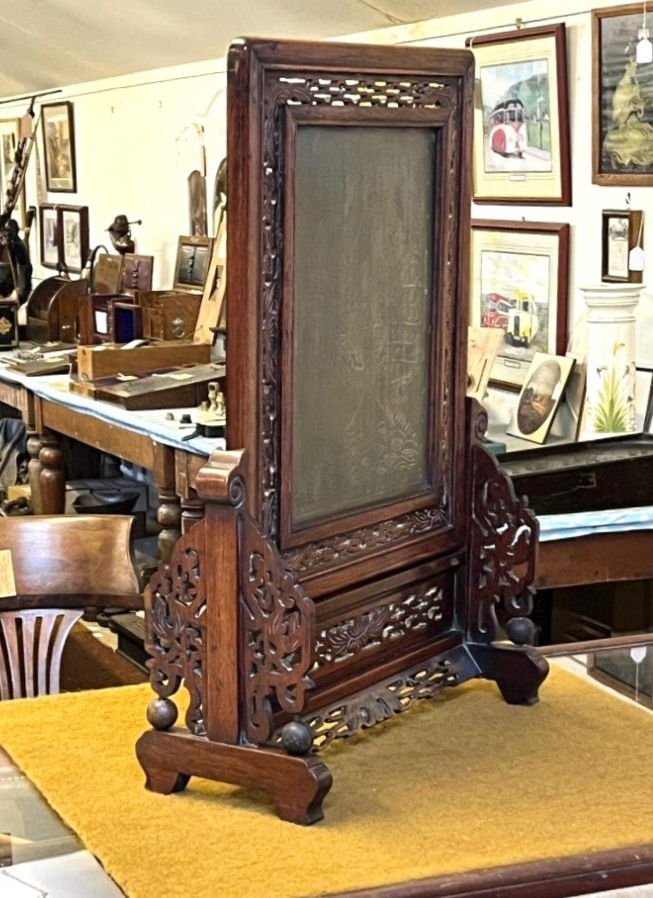 Antique Chinese Rosewood and Brass Table Screen